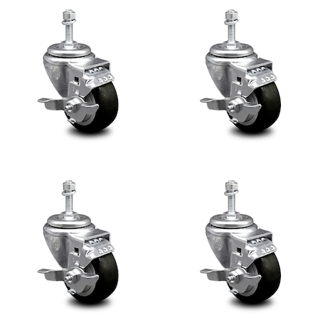 Service Caster 3 Inch Black Polyurethane Swivel 3/8 Inch Threaded Stem Caster Set with Brake SCC-TS20S314-PPUB-BLK-TLB-381615-4